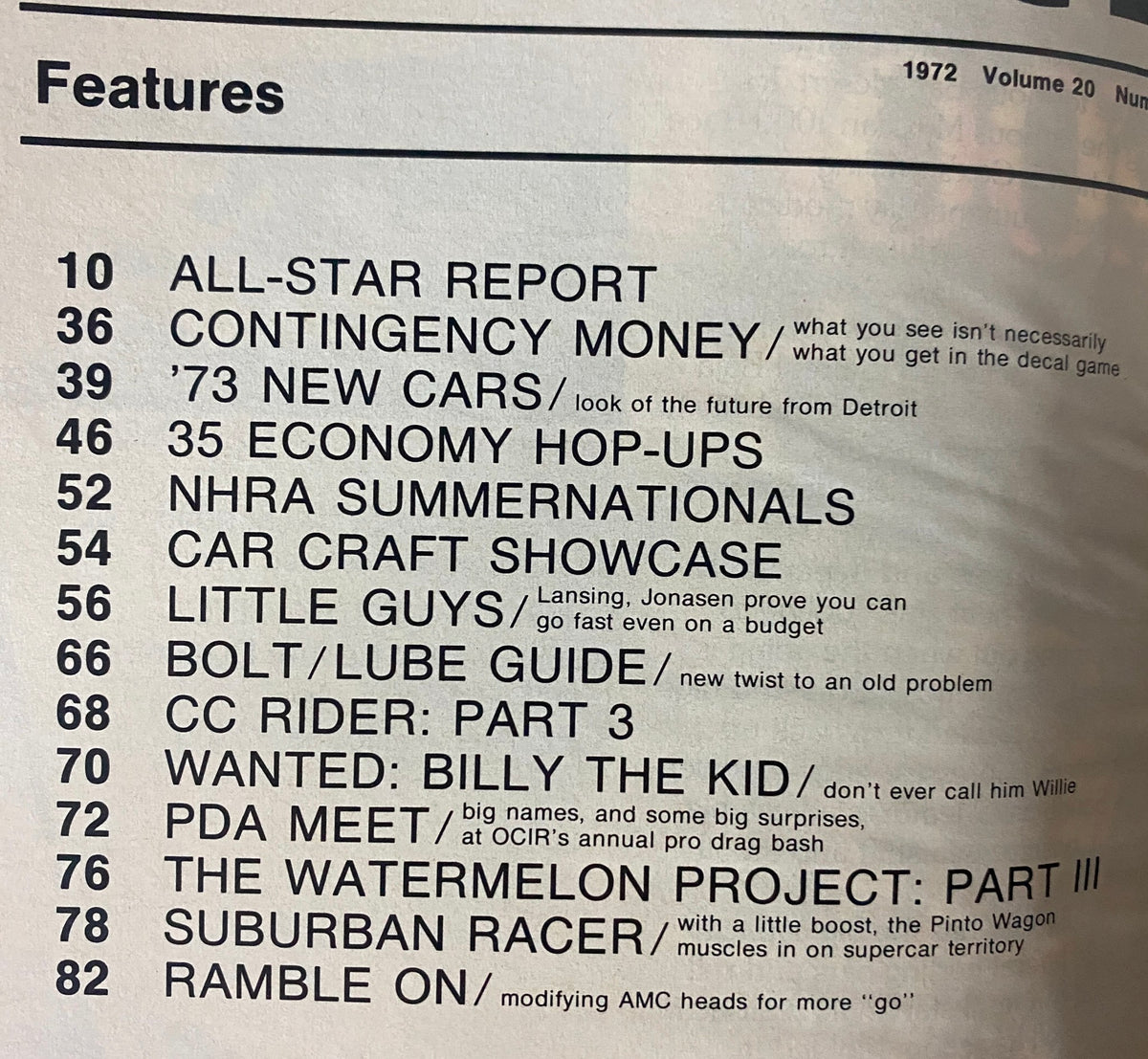 Table of contents from Car Craft Magazine October 1972 featuring Billy The Kid Stepp's Pro Stock Dodge Demon, including sections like All-Star Report, NHRA Summernationals, and The Watermelon Project.
