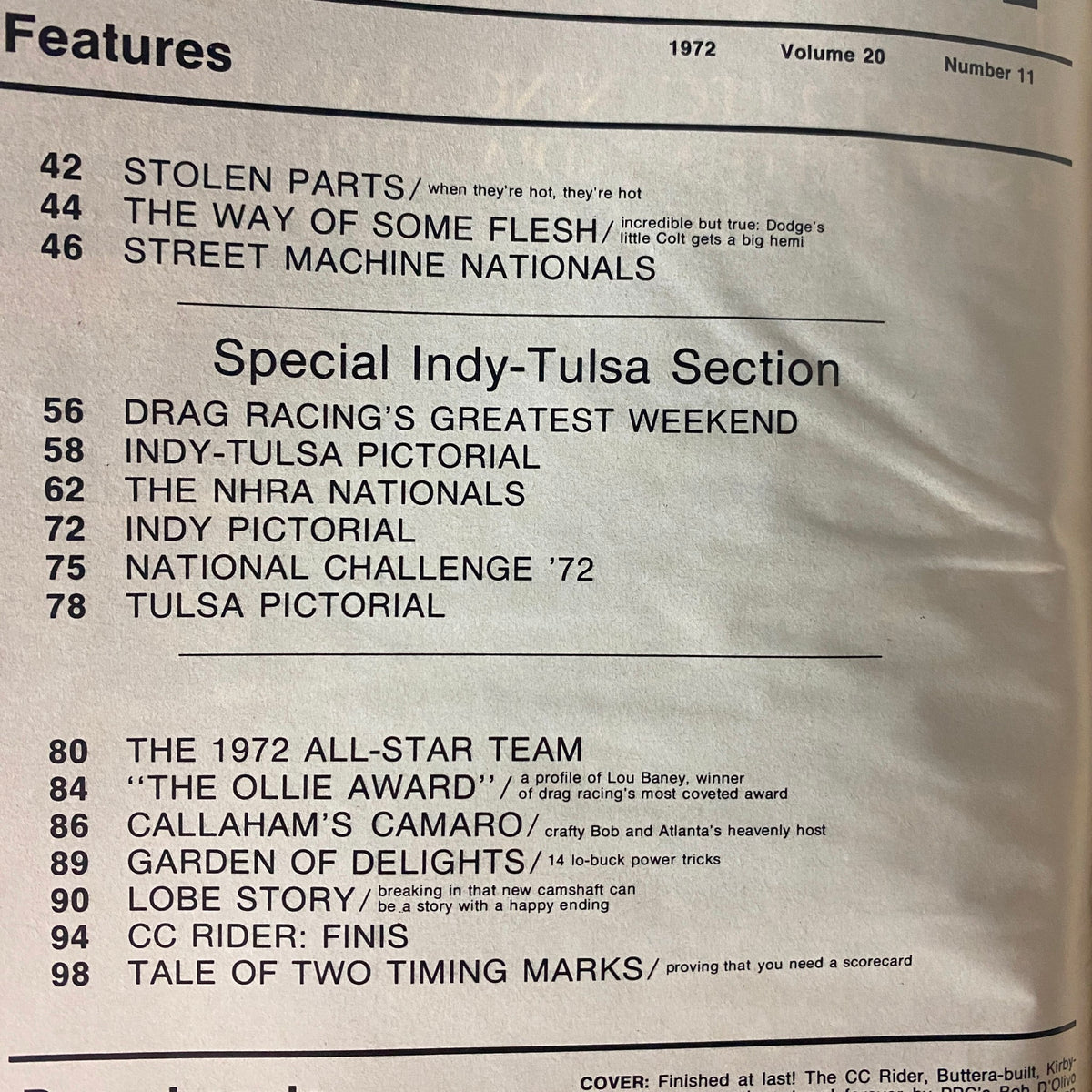Contents page of Car Craft Magazine November 1972 Vol 20 No. 11 detailing articles such as 'Stolen Parts', 'The Way of Some Flesh', and special Indy-Tulsa event coverage.