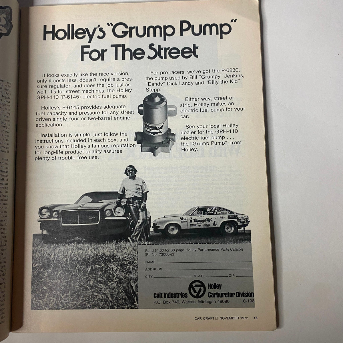 Holley Grump Pump advertisement in Car Craft Magazine November 1972 highlighting the fuel pump's features and installation process alongside a classic car.