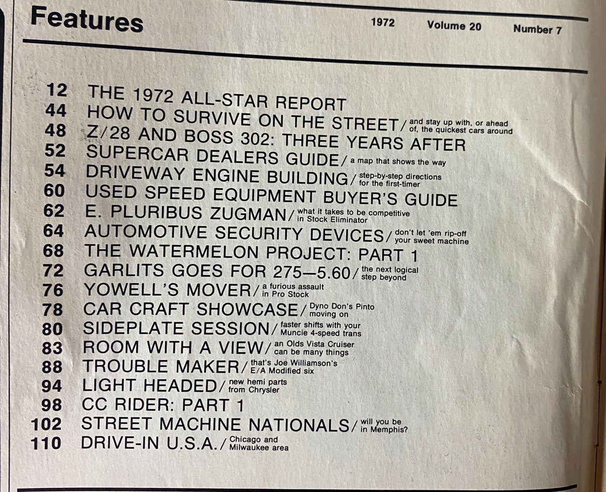 Table of contents from Car Craft Magazine July 1972 detailing features such as 'The 1972 All-Star Report' and 'How to Survive on the Street'. Perfect for collectors of vintage automotive publications.
