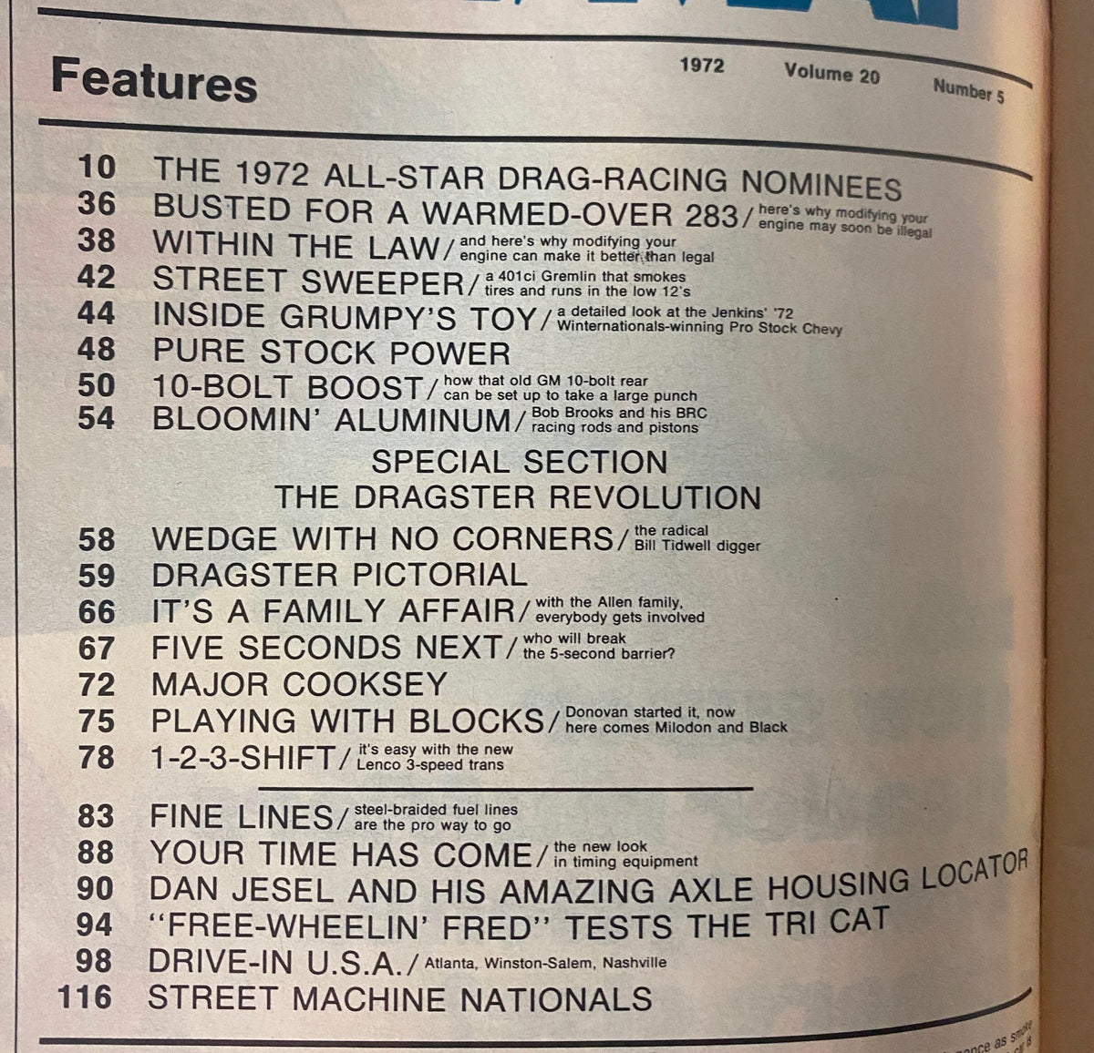 Table of contents from Car Craft Magazine May 1972 Vol 20 No. 5, listing features including the Dragster Revolution and other drag racing articles.