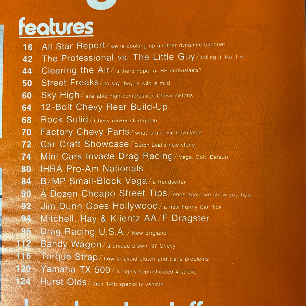 Car Craft Magazine August 1973 features a table of contents including articles like 'All Star Report', 'The Professional vs. The Little Guy', and 'A Dozen Cheapo Street Tips'.