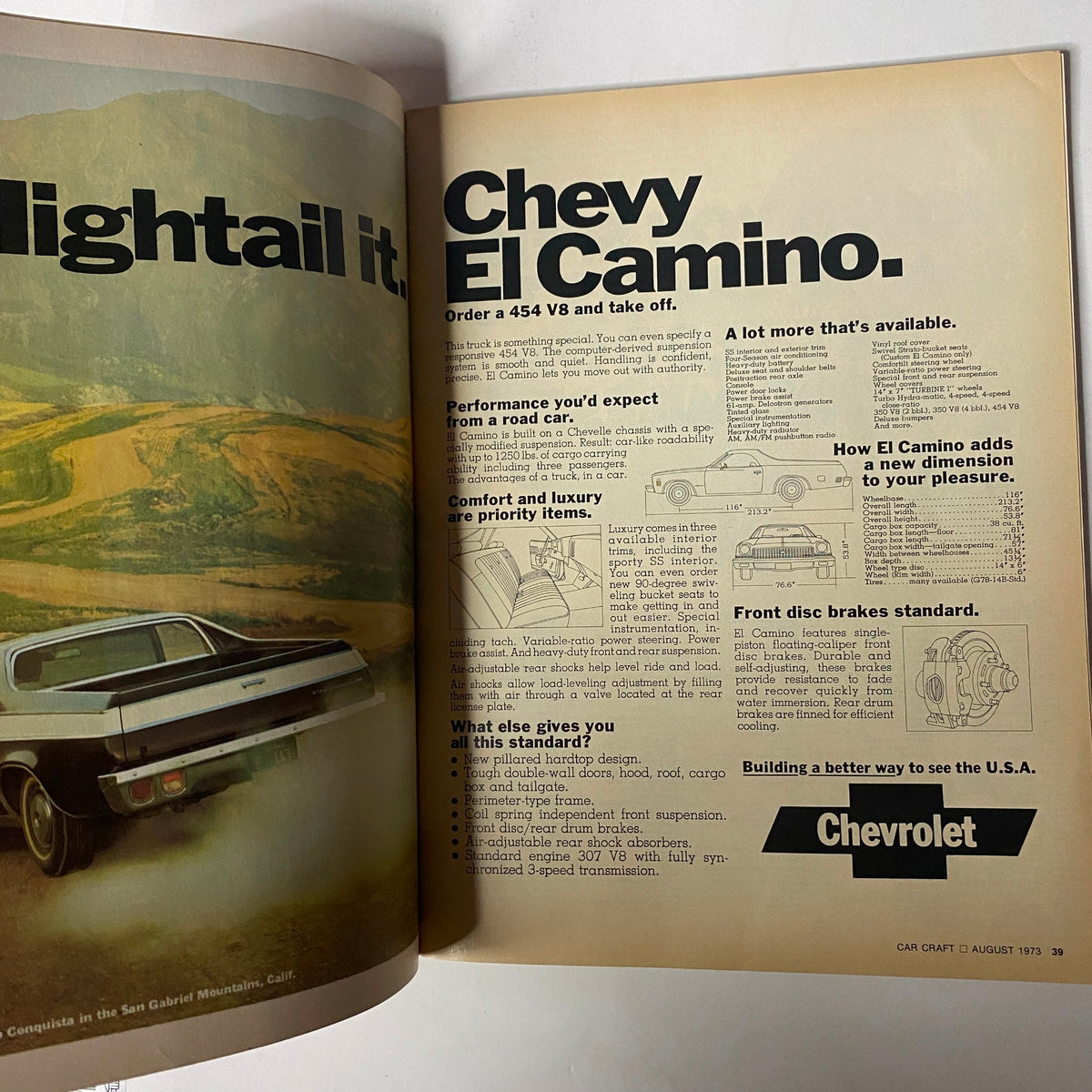 Inside view of Car Craft Magazine August 1973 showcasing an advertisement for the Chevy El Camino, emphasizing performance and luxury.