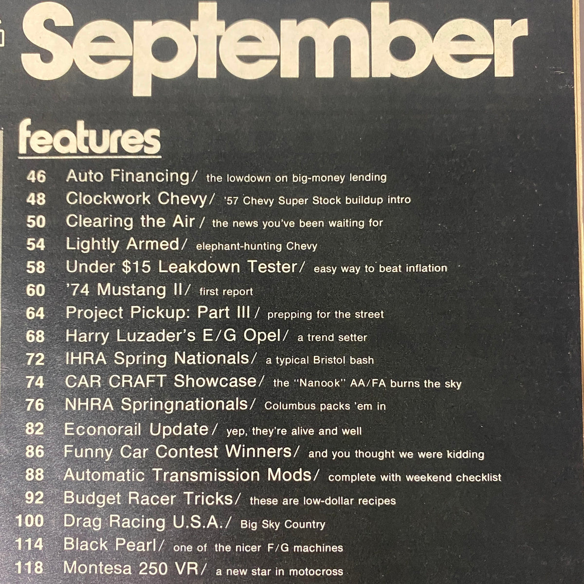 Table of contents page from Car Craft Magazine September 1973, listing features like '74 Mustang II V-6 road test and articles on auto financing and racing highlights.