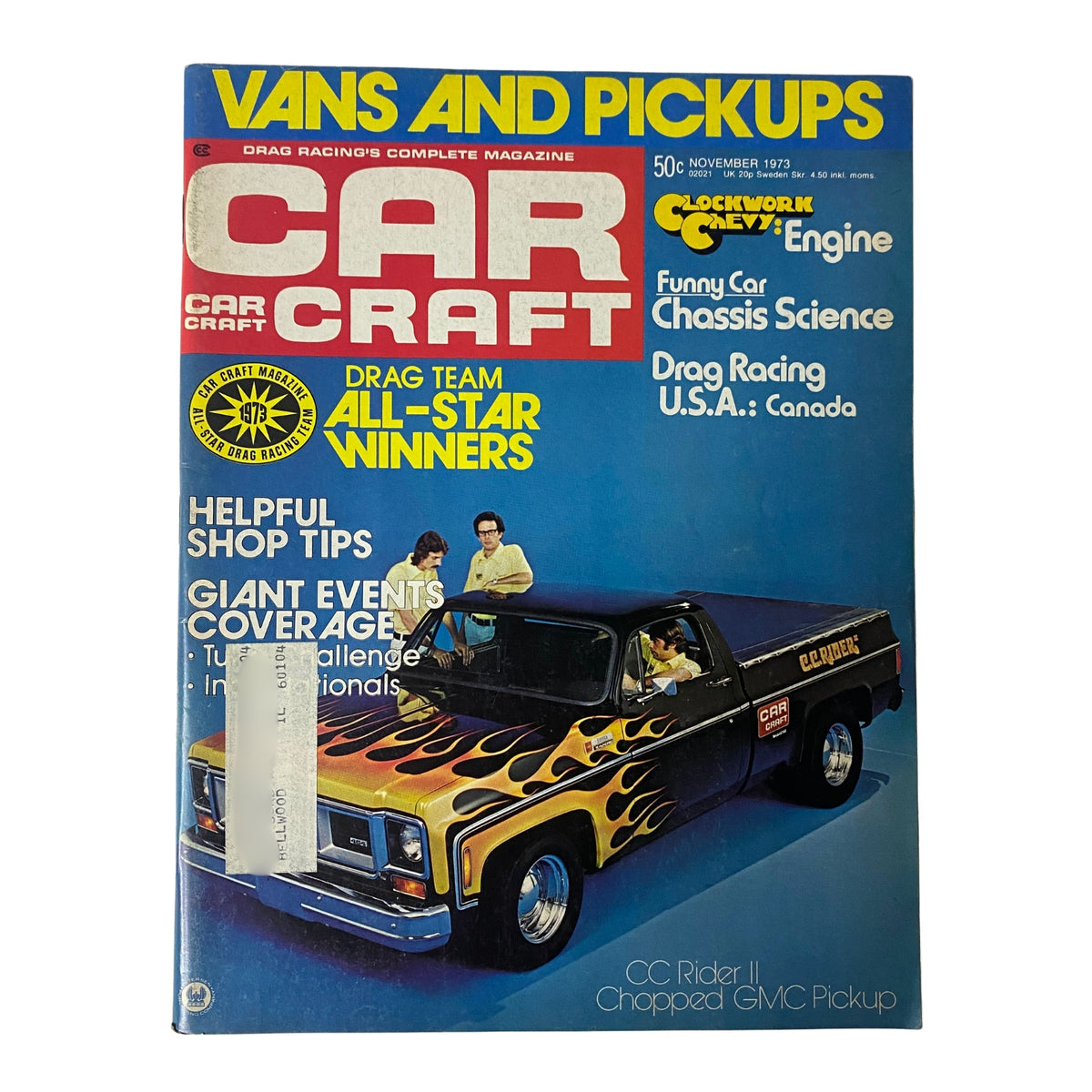Cover of Car Craft Magazine November 1973 featuring CC Rider II Chopped GMC Pickup, highlighting drag racing, automotive features, and tech articles.