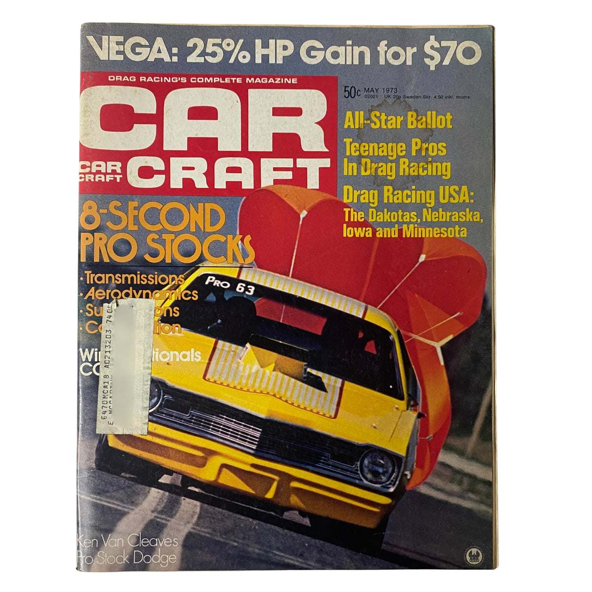 Cover of Car Craft Magazine May 1973 Vol 21 No. 5 featuring Teenage Pros in Drag Racing, showcasing a yellow car with bold text highlighting Pro Stock racing features.