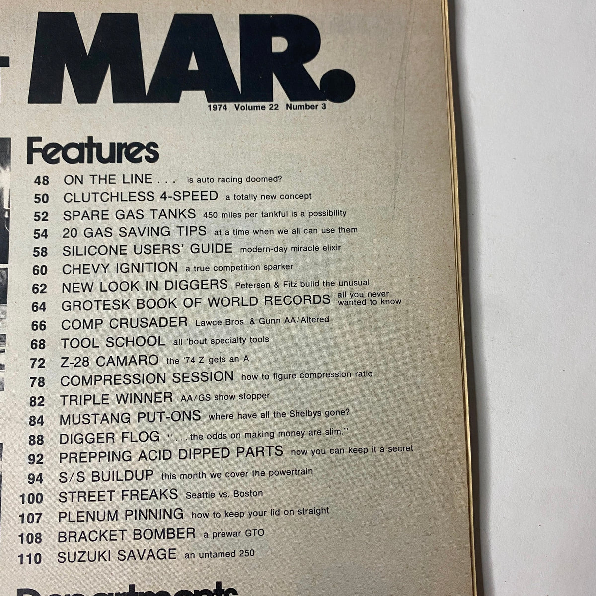 Inside the March 1974 issue of Car Craft Magazine, Vol 22 No 3, showcasing features such as 'Clutchless 4-Speed' and 'Z-28 Camaro' with a focus on car performance and upgrades.