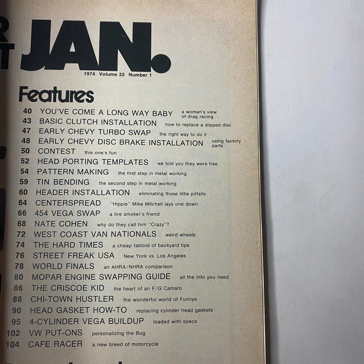 Interior page of Car Craft Magazine January 1974 Vol 22 No. 1 displaying features including Engine Swapping Guide and installation techniques for early Chevy models.