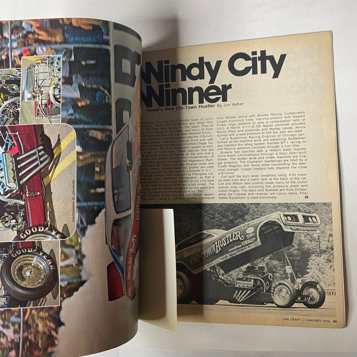 Page from Car Craft Magazine January 1974 Vol 22 No. 1 highlighting an article about Windy City Ninner, showcasing racing content and automotive features.