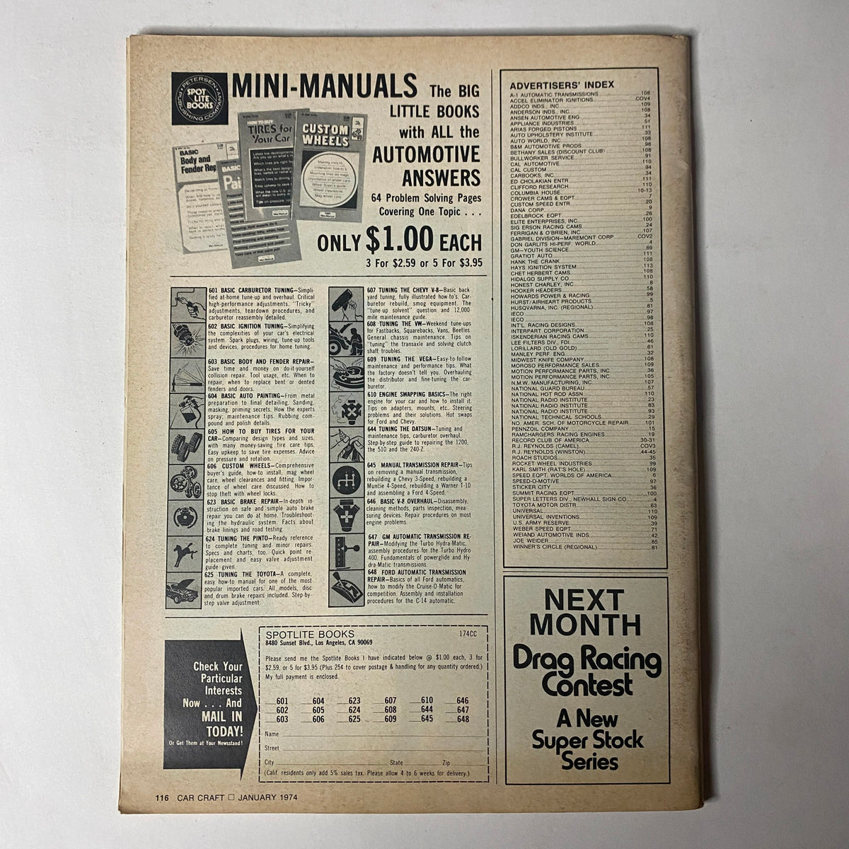Back cover of Car Craft Magazine January 1974 Vol 22 No. 1 displaying advertisements for automotive mini-manuals and upcoming content for drag racing enthusiasts.