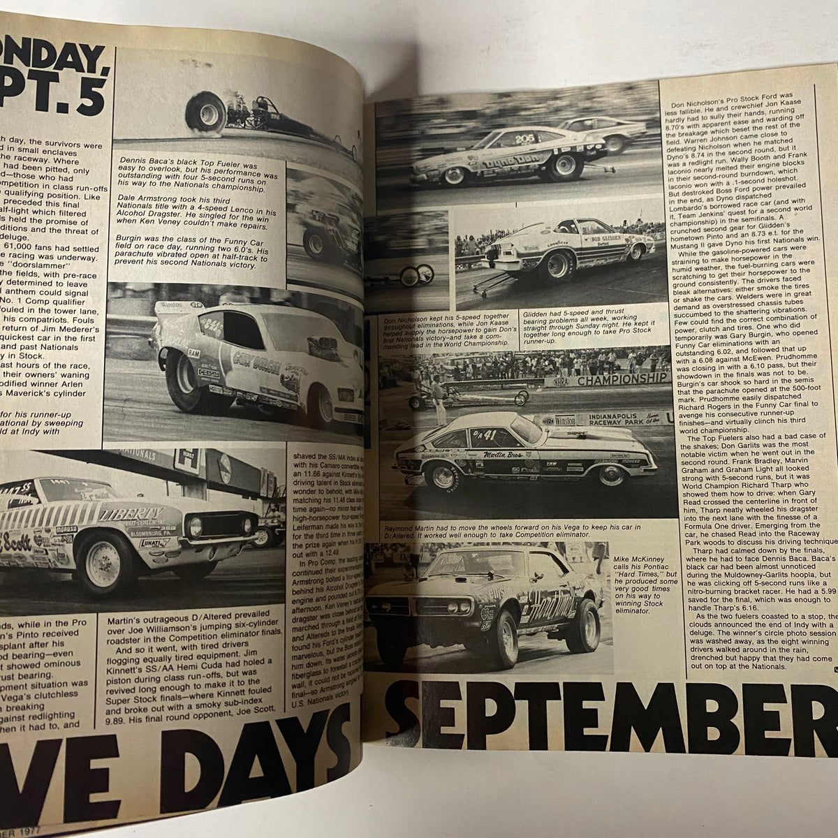 Inside spread of Car Craft Magazine November 1977 showcasing coverage of drag racing events and performance builds.