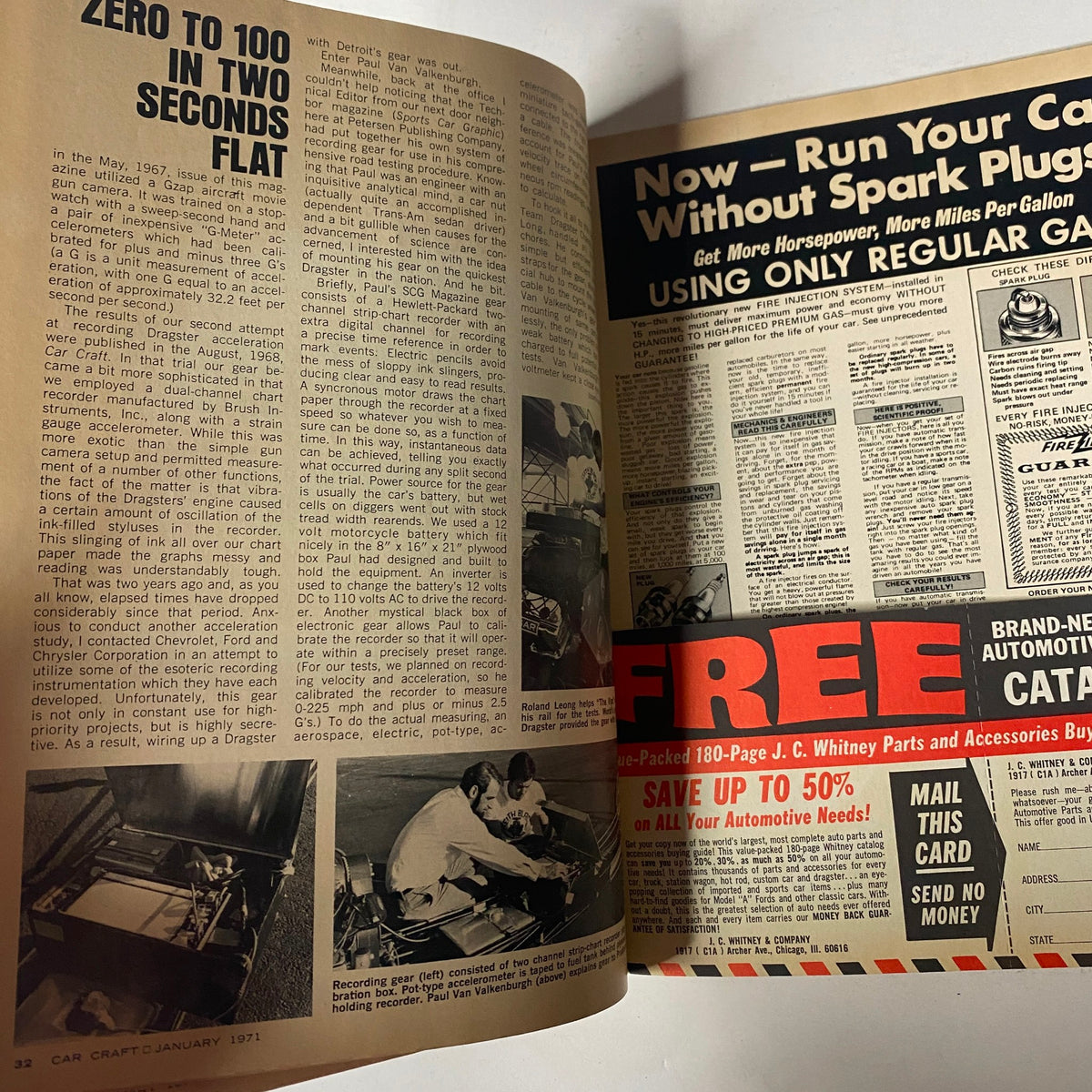 Article page from Car Craft Magazine, January 1971, Vol. 19, No. 1, discussing Zero to 100 in two seconds, showcasing performance testing in automotive engineering.