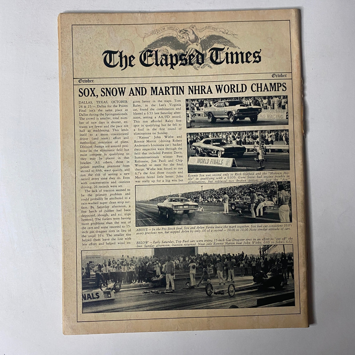 Front page of The Elapsed Times newspaper featuring drag racing coverage, specifically highlighting Sox, Snow, and Martin as NHRA World Champions. Relevant to Car Craft Magazine – January 1971 – Vol. 19 No. 1 – Chevelle vs. Road Runner Drag Test.