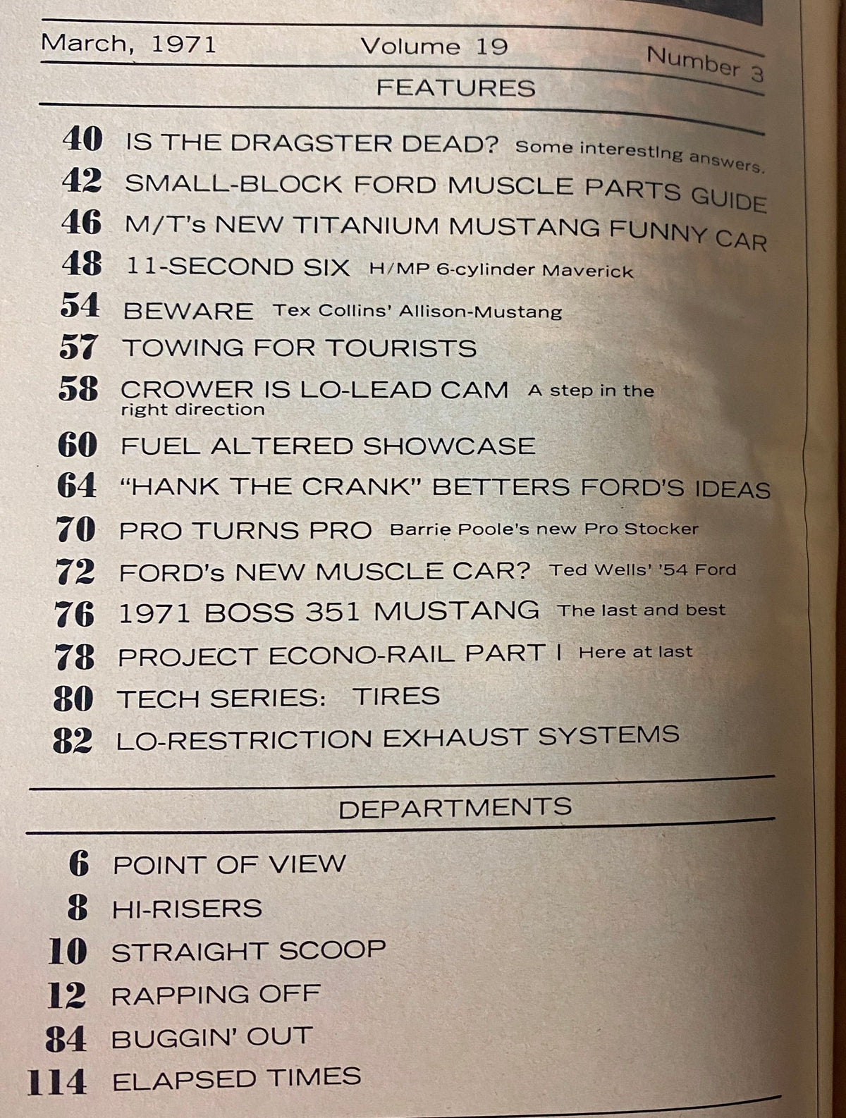 Inside page of Car Craft Magazine March 1971 outlining features and topics including 'Is the Dragster Dead?' and 'Small-Block Ford Muscle Parts Guide' in a vintage automotive magazine layout.