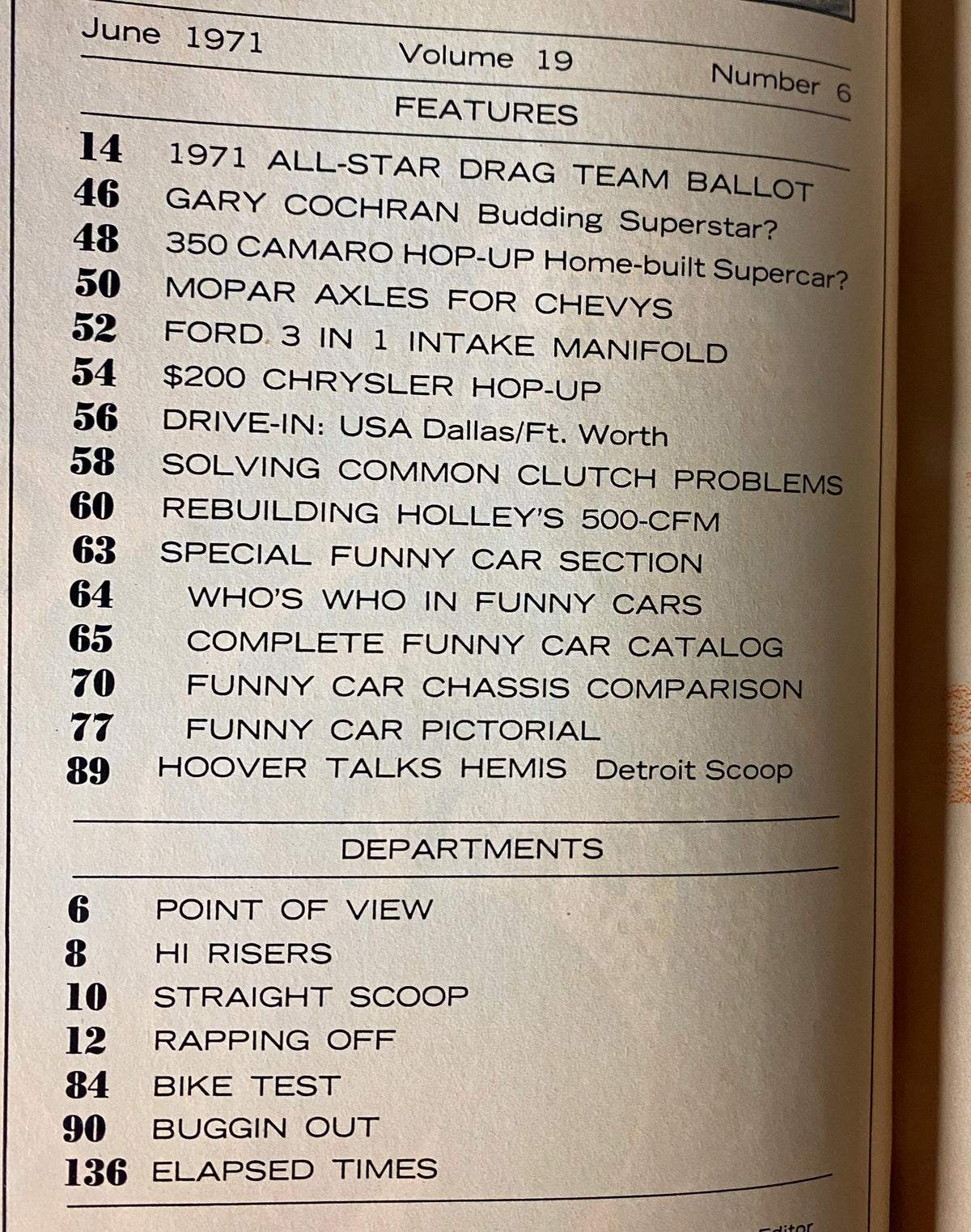 Table of contents for Car Craft Magazine June 1971 Vol 19 No 6 including features like '1971 All-Star Drag Team Ballot' and 'Gary Cochran Budding Superstar?'