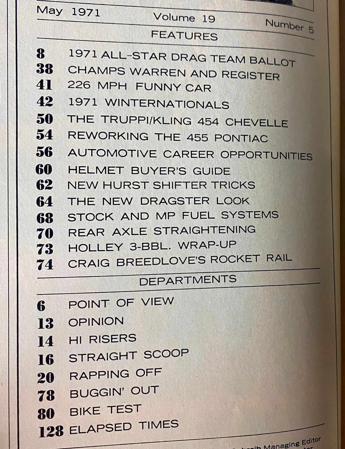 Table of contents from Car Craft Magazine May 1971 Vol 19 No. 5, listing features such as '226 MPH Funny Car' and 'Craig Breedlove’s Rocket Rail'.