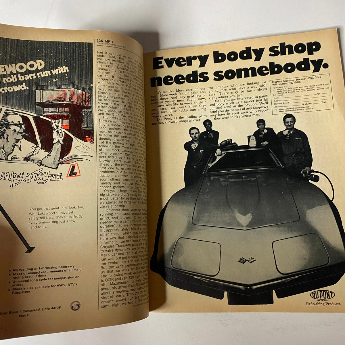 Interior page of Car Craft Magazine May 1971 Vol 19 No. 5, showcasing an advertisement with a Corvette and the text 'Every body shop needs somebody.'