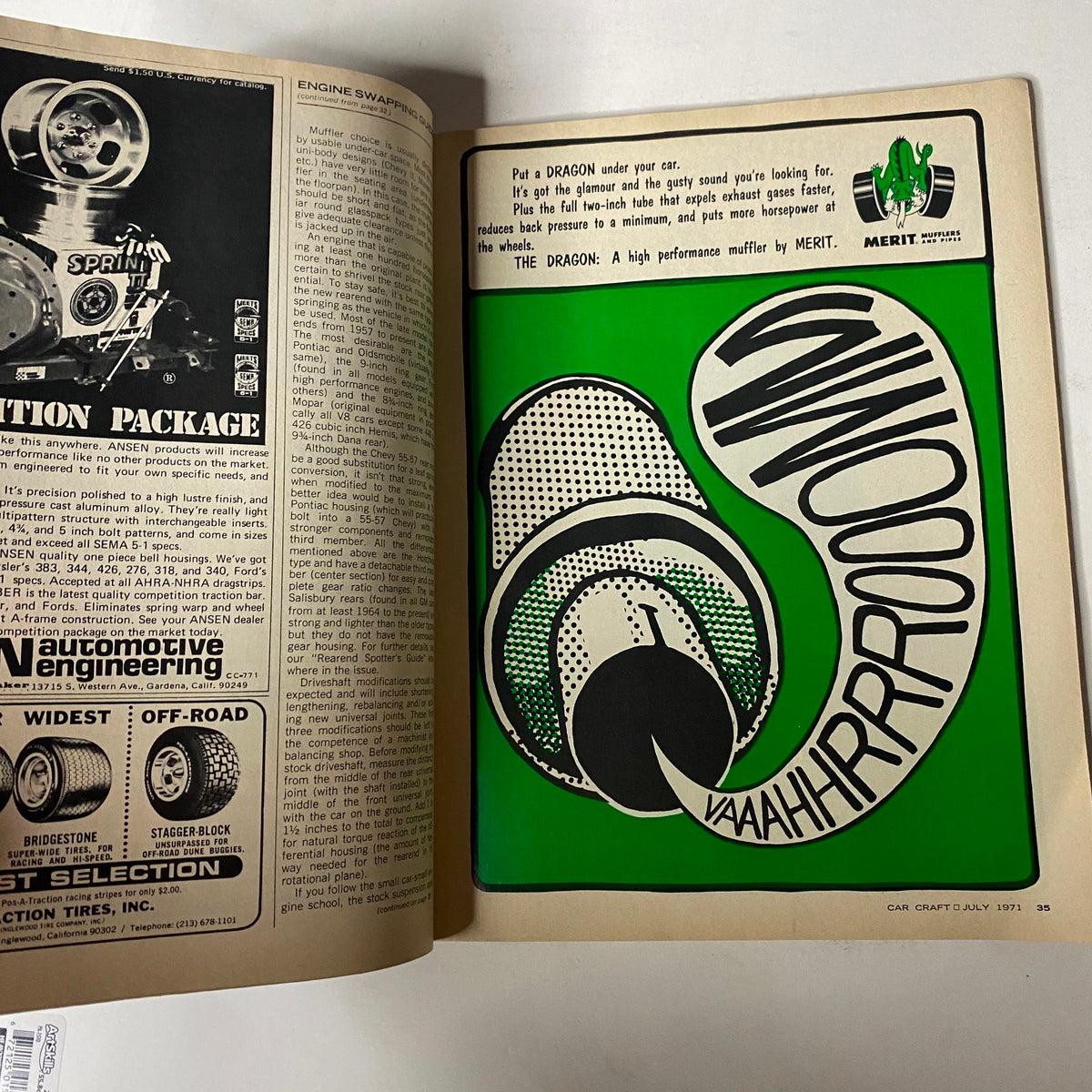 Interior page from Car Craft Magazine July 1971, Vol 19 No. 7 displaying an advertisement for a high-performance muffler, emphasizing automotive engineering.