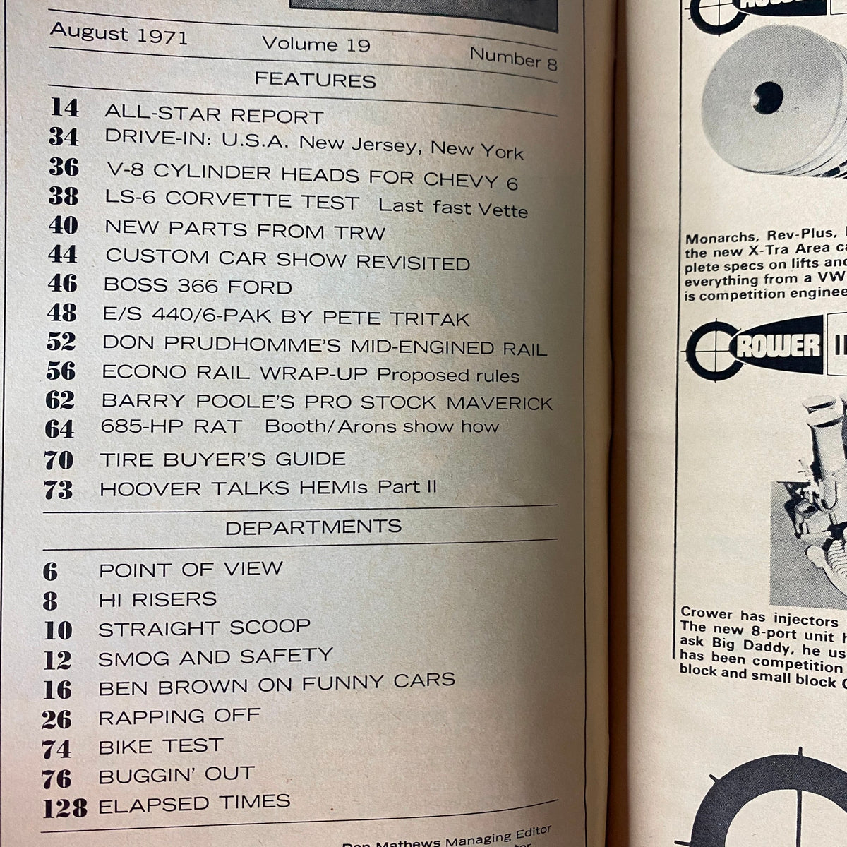 Contents page of Car Craft Magazine August 1971, Vol 19 No. 8, listing features such as Drive-In U.S.A., V-8 Cylinder Heads for Chevy, and Barry Prudhomme's Pro Stock Maverick.