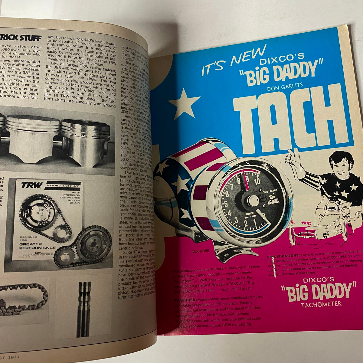 An advertisement from Car Craft Magazine August 1971, Vol 19 No. 8, showcasing Dixco's Big Daddy Tachometer with a colorful design featuring drag racer Don Garlits.