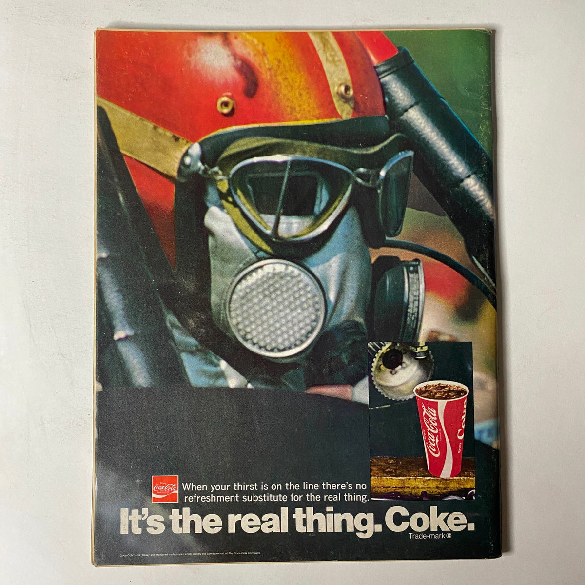 Back cover of Car Craft Magazine August 1971, Vol 19 No. 8, featuring a vintage Coca-Cola advertisement with a race car driver in a helmet.