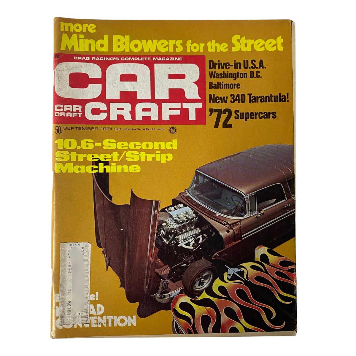 Cover of Car Craft Magazine, September 1971, Volume 19, Number 9, featuring a classic musclecar and the headline '10.6-Second Street/Strip Machine'. The magazine illustrates the DIY hot rod culture and includes references to performance features and automotive events.