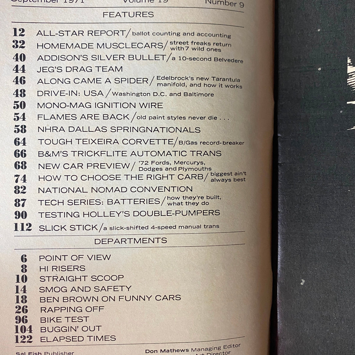 Table of contents from Car Craft Magazine September 1971 Vol 19 No. 9 featuring articles on homemade musclecars and various automotive topics.