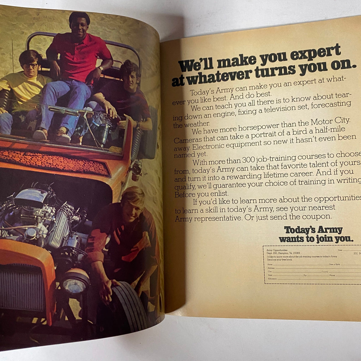 Ad for Today's Army showcasing young adults with a hot rod, from Car Craft Magazine September 1971 Vol 19 No. 9. Emphasizing training and opportunities.