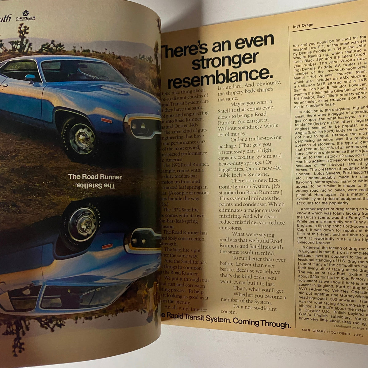 Car Craft Magazine October 1971 Vol 19 No. 10 features an image of a blue Road Runner car reflecting its surroundings, epitomizing the muscle car culture highlighted in this issue.