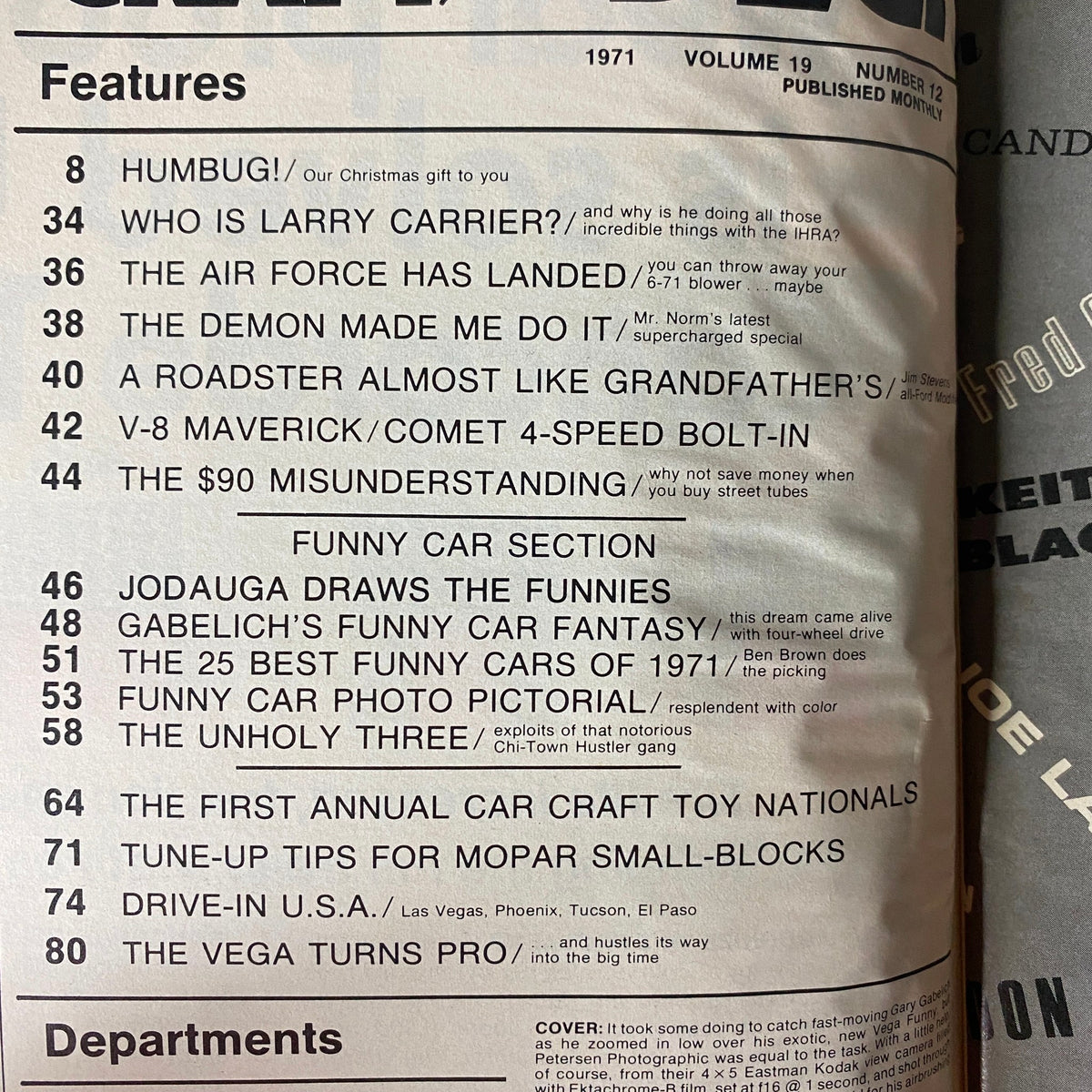 Table of contents from Car Craft Magazine, December 1971, listing features including 'Who is Larry Carrier?' and 'The Demon Made Me Do It'.