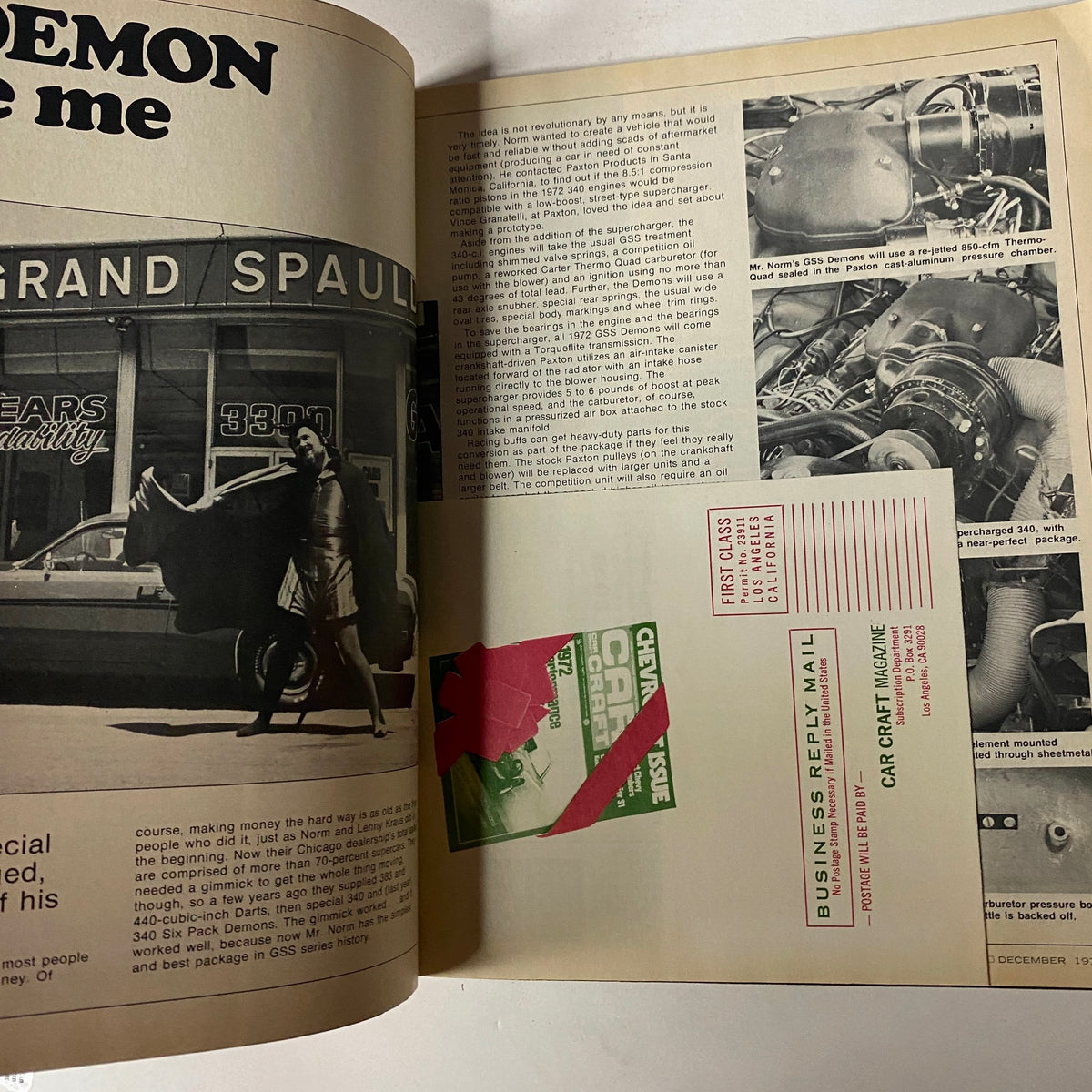 Interior page of Car Craft Magazine, December 1971, showcasing an article about a Dodge Demon with a Grand Spalding gas station background.
