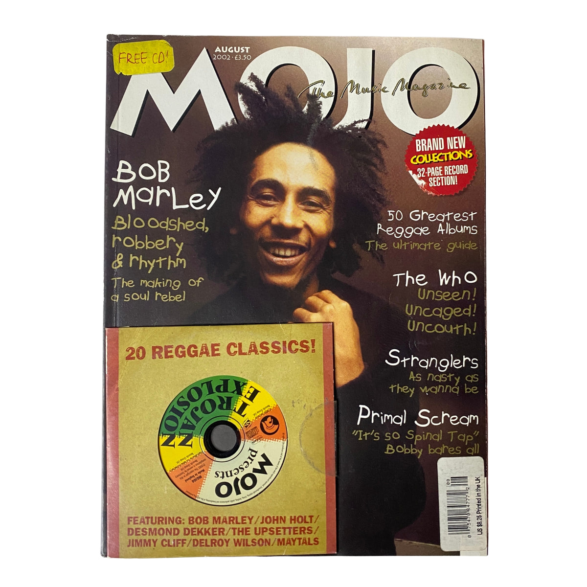 Mojo The Music Magazine August 2002 with Bob Marley on the cover, featuring highlights such as '50 Greatest Reggae Albums' and articles on reggae's impact.