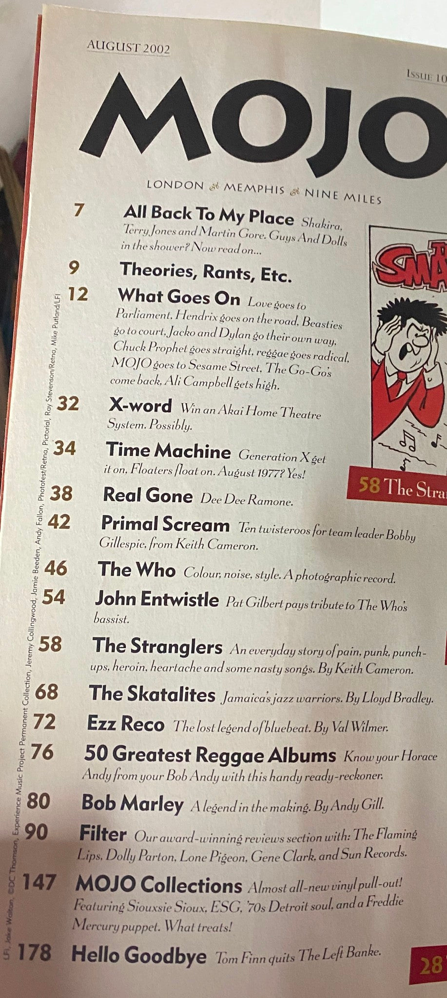 Contents page of Mojo The Music Magazine August 2002 showcasing featured articles including 'All Back To My Place' and tributes to John Entwistle and The Stranglers.