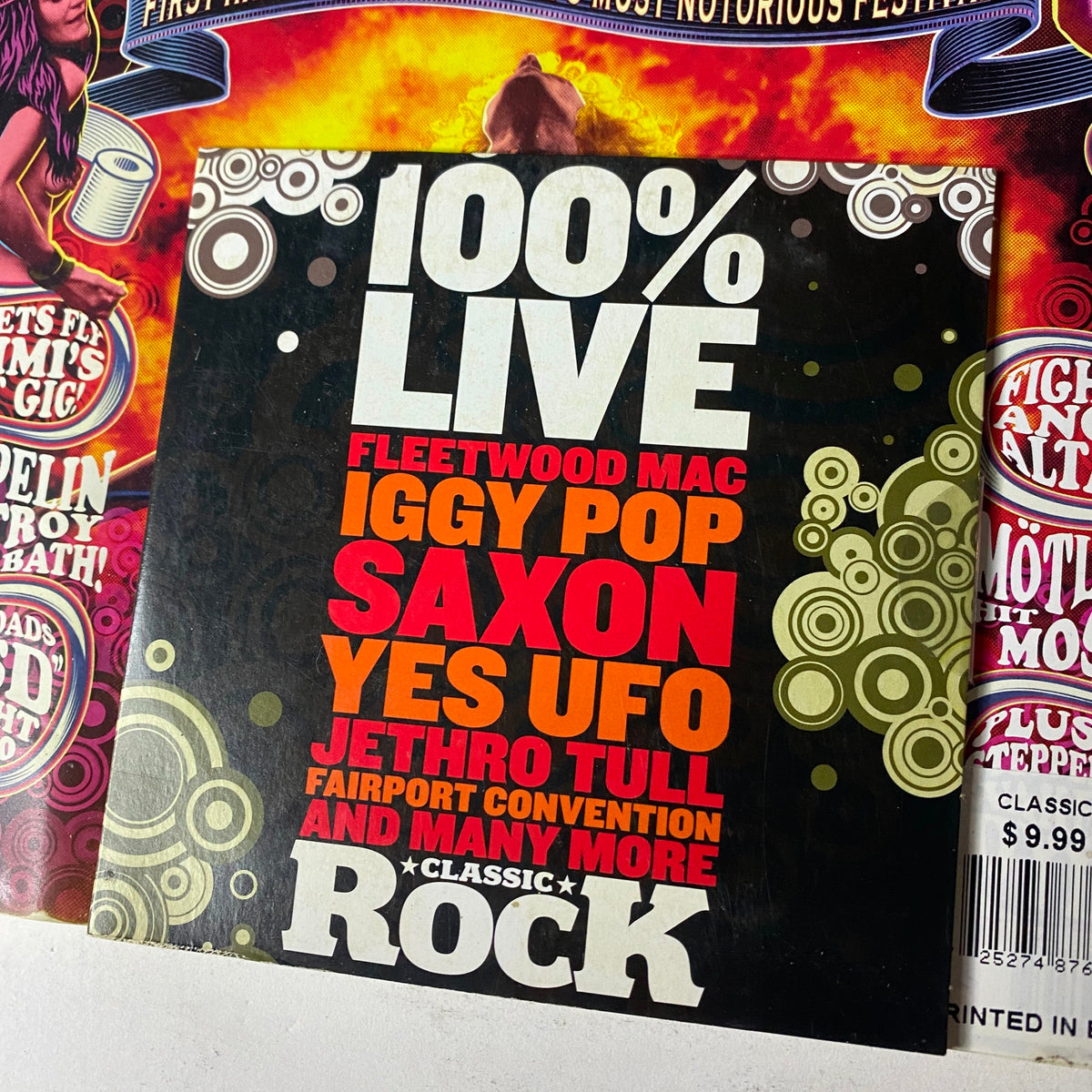 Classic Rock Magazine August 2007 cover featuring the text '100% Live' with highlighted names of artists including Fleetwood Mac, Iggy Pop, Saxon, Yes, and UFO, showcasing the associated covermount CD.