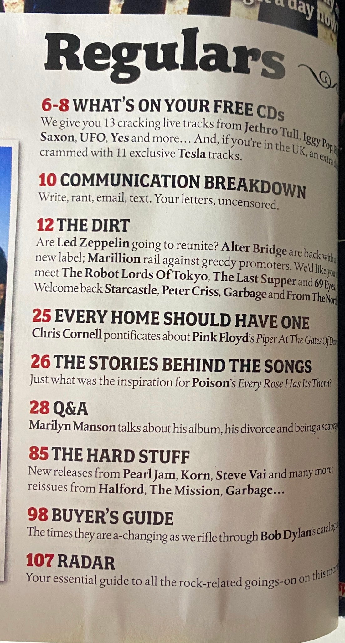 Inside page of Classic Rock Magazine August 2007 displaying the 'Regulars' section, featuring articles such as 'What’s On Your Free CDs', 'The Dirt', and 'Q&A with Marilyn Manson'.