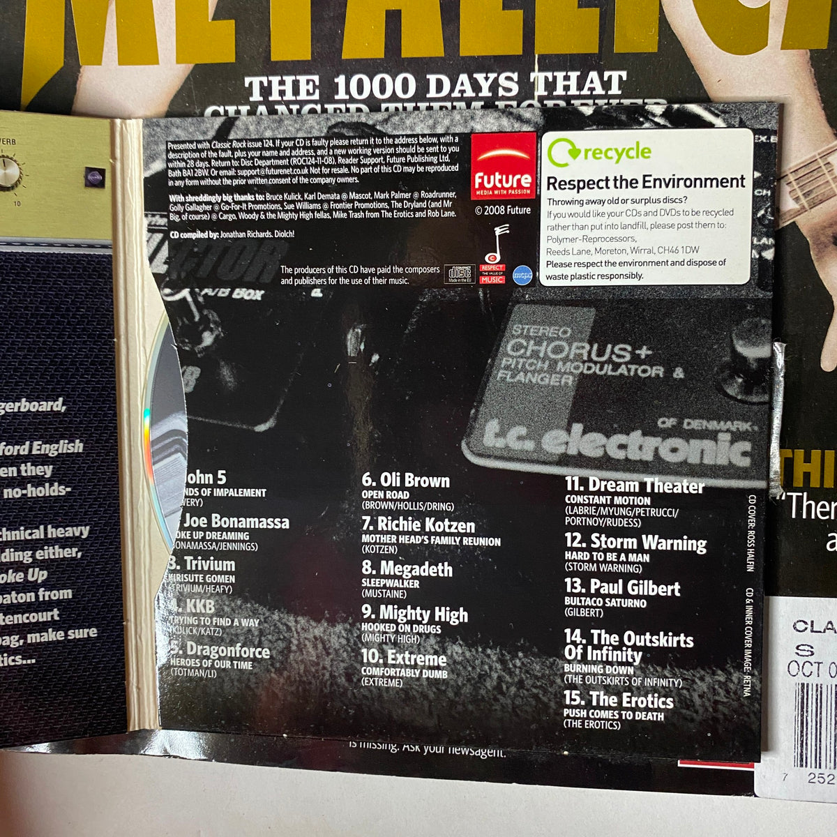 Back cover of Classic Rock Magazine October 2008 with details on the included CD featuring artists like Joe Bonamassa and Megadeth.