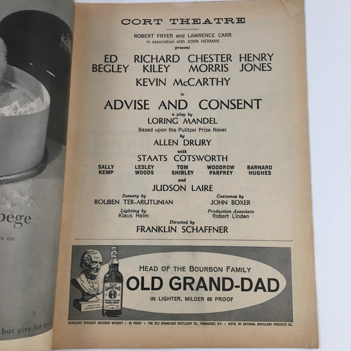 1961 Playbill for Advise and Consent showcasing the Cort Theatre credits and production details.