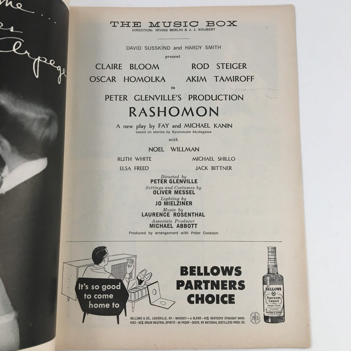 Back page of the 1959 Playbill for The Music Box featuring Rod Steiger in Peter Glenville's Rashomon, displaying cast members and production credits.