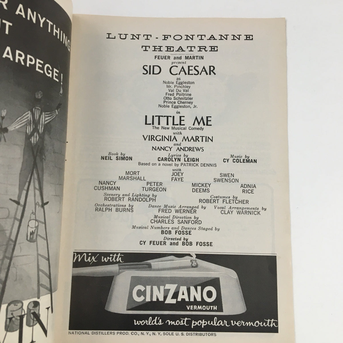 1963 Playbill from the Lunt-Fontanne Theatre featuring Sid Caesar in Little Me by Cy Feuer, showcasing cast details and vintage advertisements.