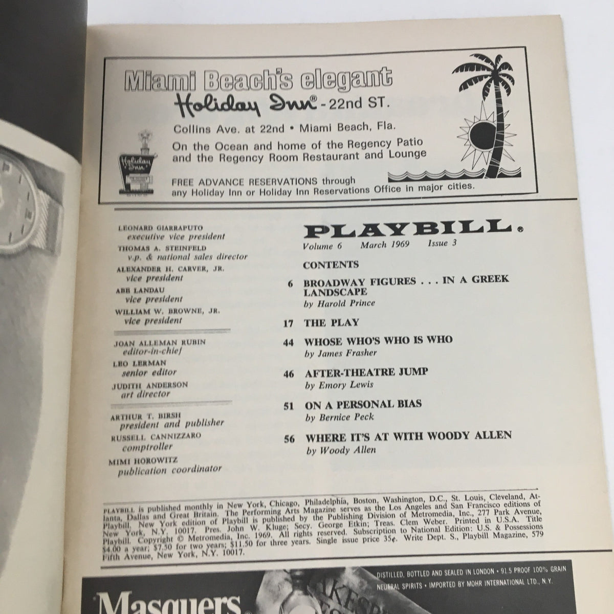 Interior page of the 1969 Playbill presenting a content list and advertisement for Miami Beach's Holiday Inn, part of the Alec McCowen in Hadrian VII publication.
