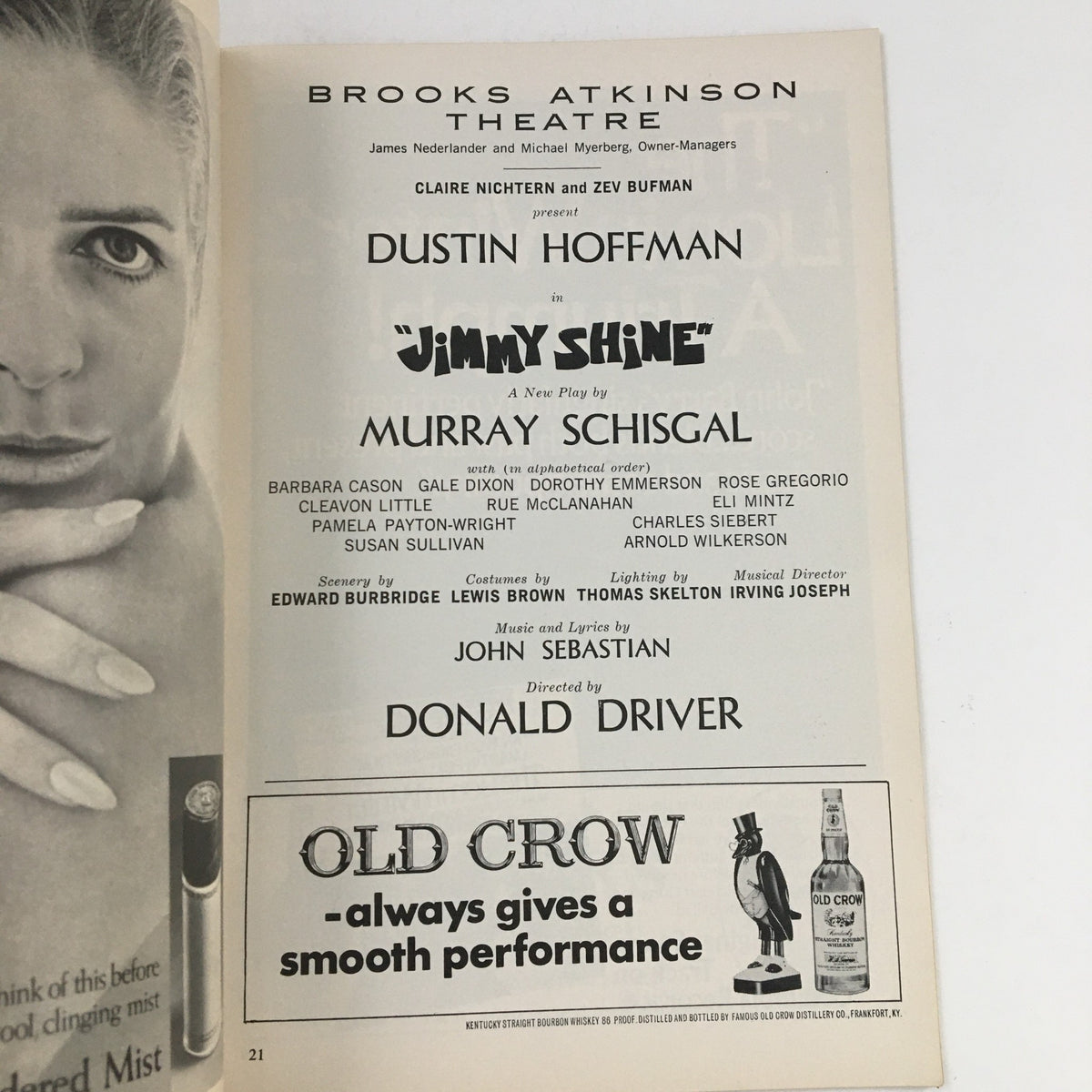 Another page from the 1969 Playbill at Brooks Atkinson Theatre, featuring cast details of "Jimmy Shine" with Dustin Hoffman and credits for the production.