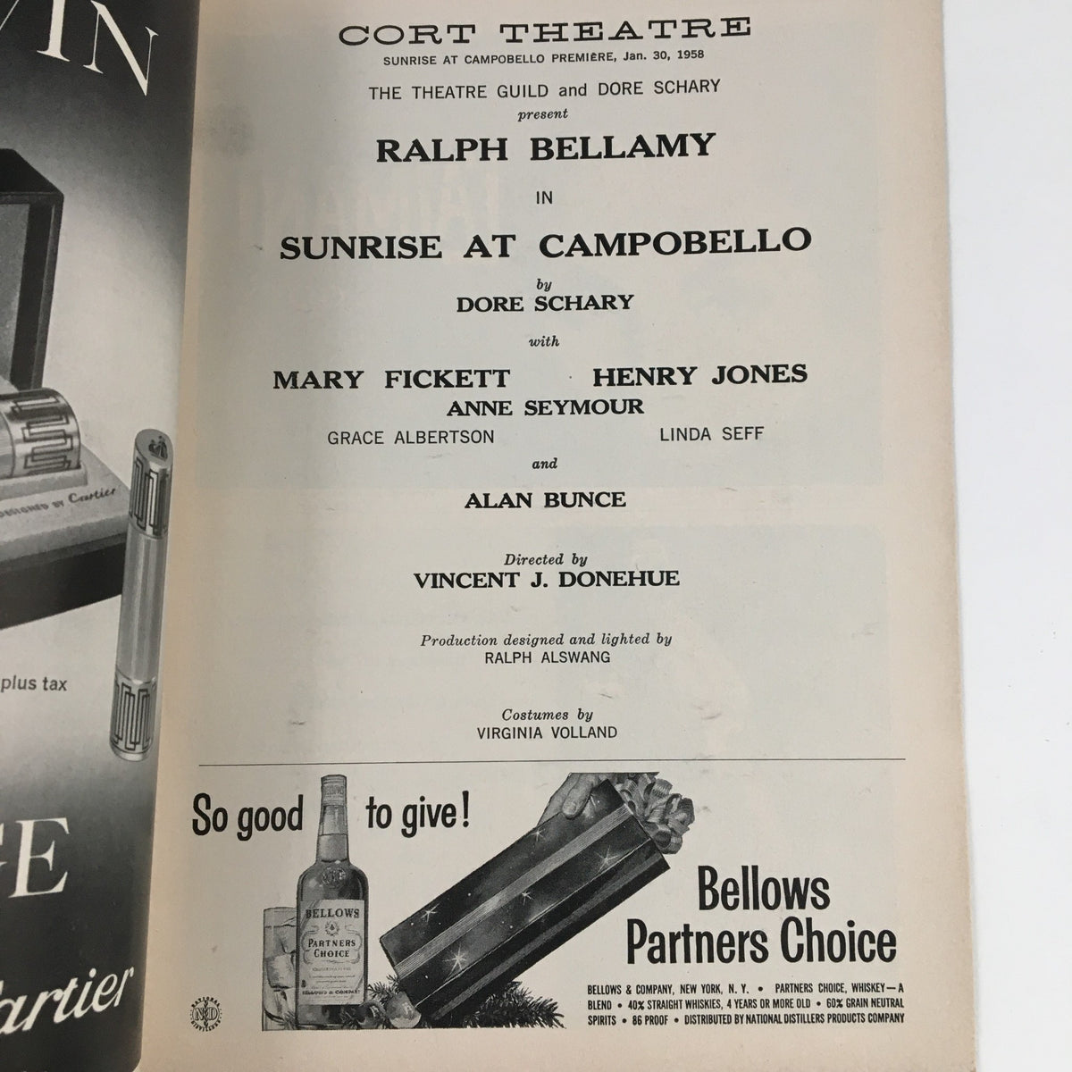 Interior page of the 1958 Playbill for Sunrise at Campobello at the Cort Theatre, listing cast and crew, including Ralph Bellamy.