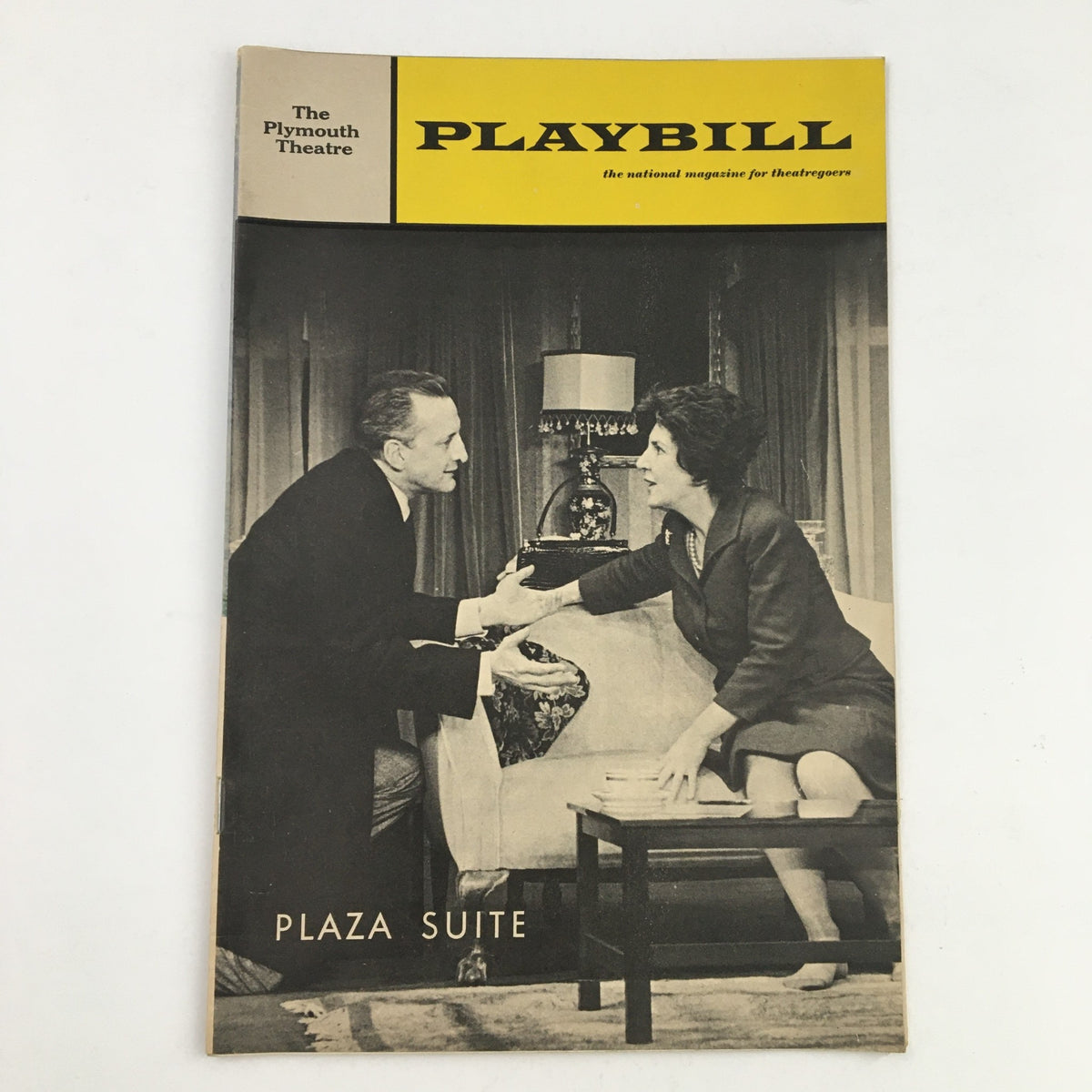1968 Playbill featuring George C. Scott in Plaza Suite at The Plymouth Theatre, showcasing a scene between two characters in a vintage black and white photograph.