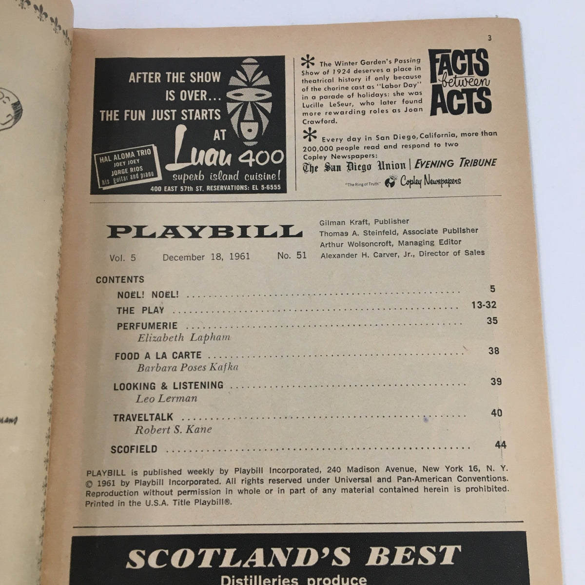 Interior page of the 1961 Playbill from Sam Shubert Theatre, highlighting the details and program notes for The Gay Life.