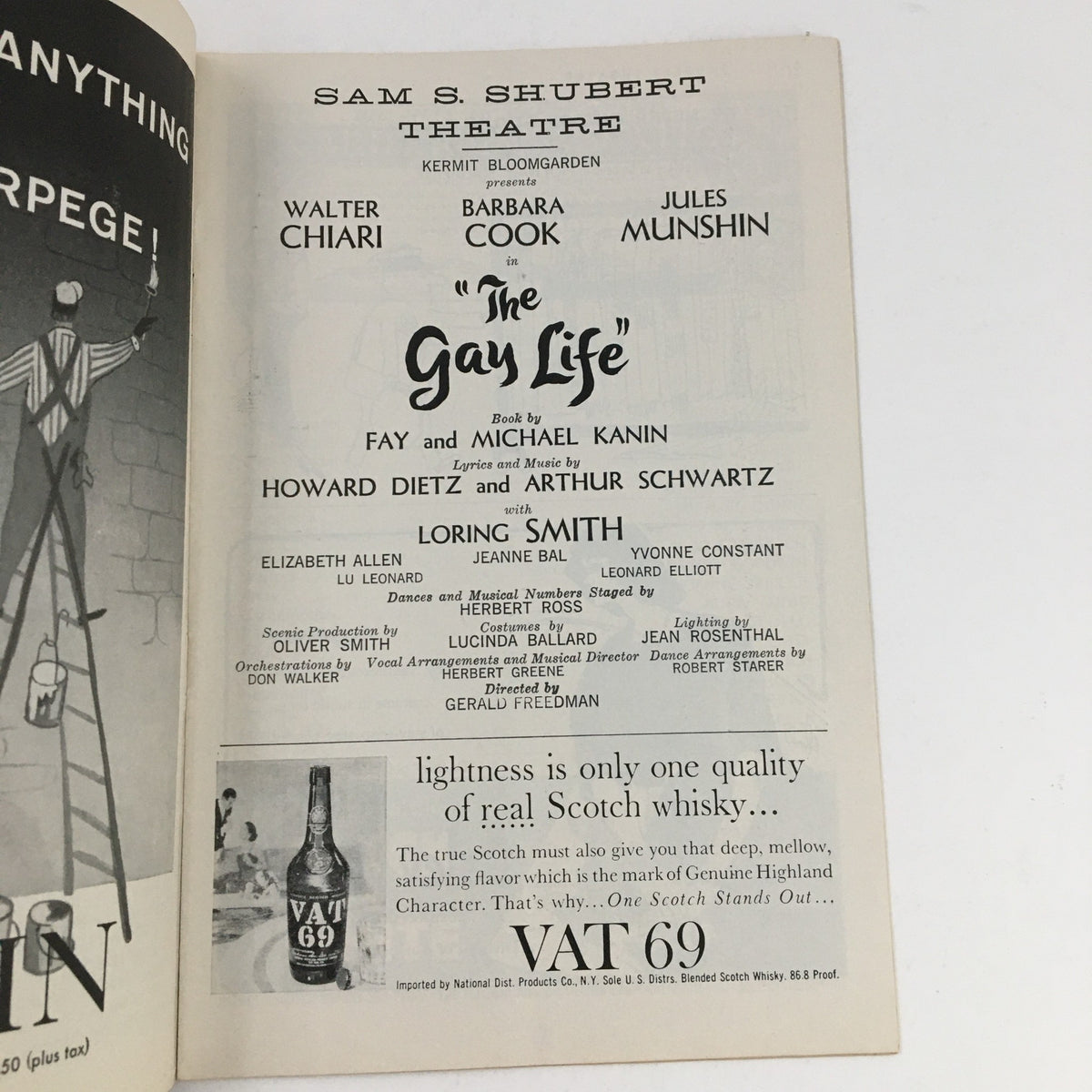 Another interior page from the 1961 Playbill of The Gay Life at Sam Shubert Theatre, detailing the cast and creative team.