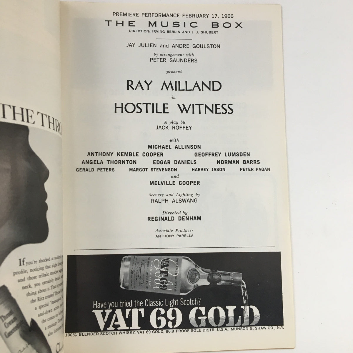Another inside page from the 1966 Playbill for Hostile Witness, featuring the cast list and production details for Ray Milland's performance.