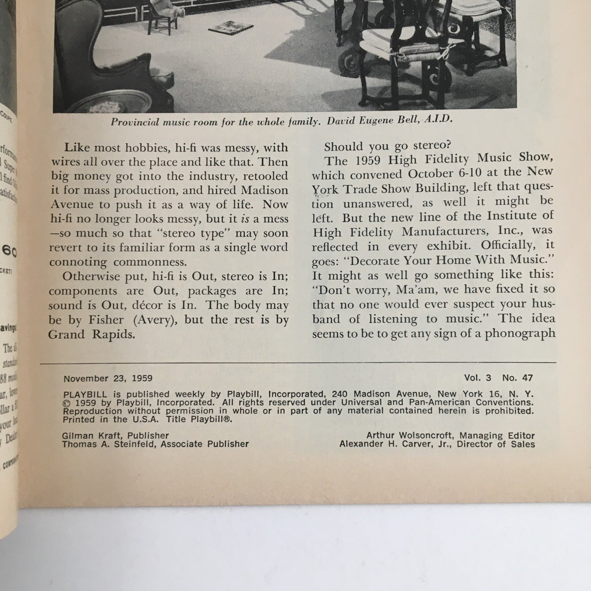 Back cover of the 1959 Playbill for Flower Drum Song, highlighting historical music reference and information about theatrical productions, adding context to Broadway history.