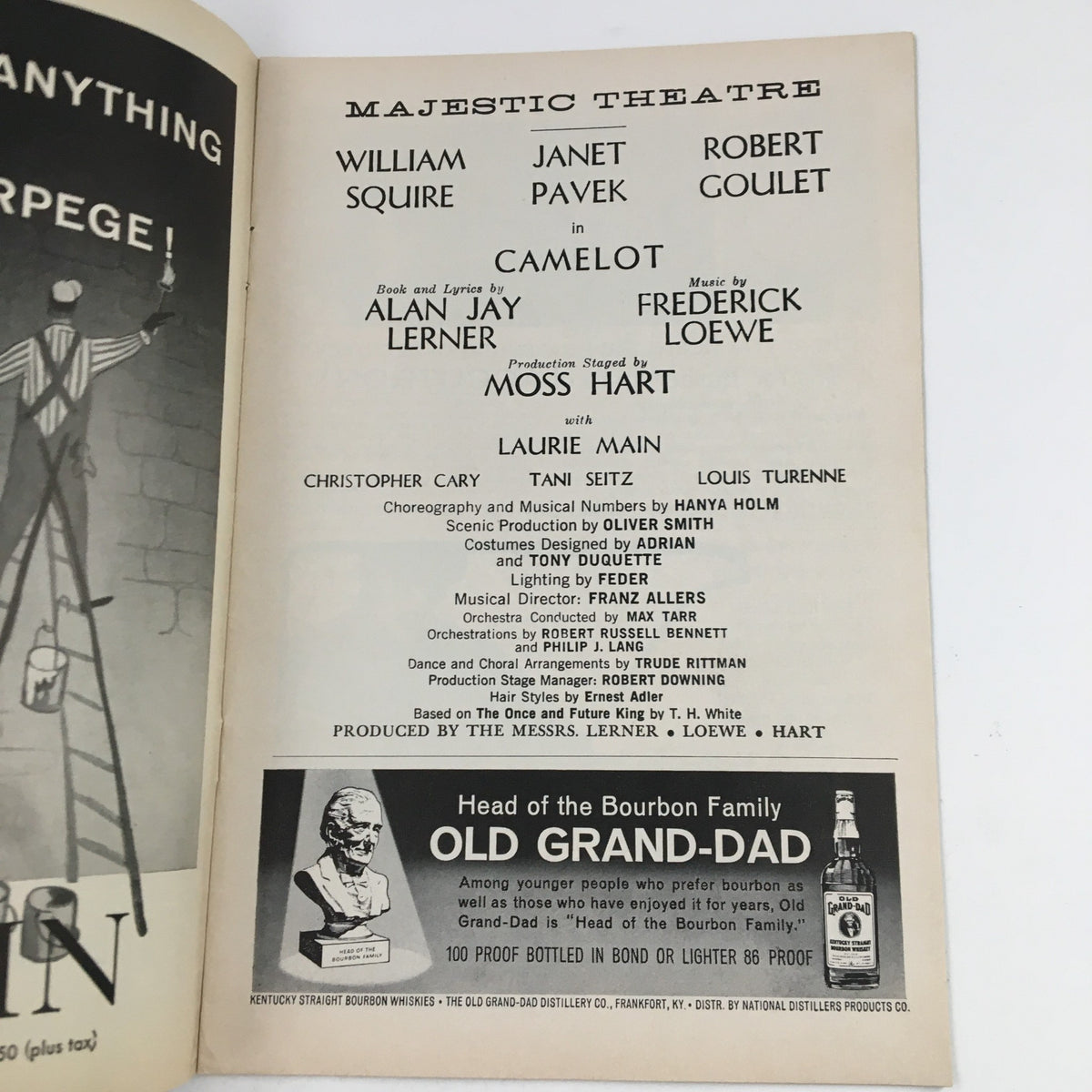 1962 Playbill for Camelot at the Majestic Theatre, featuring William Squire and Janet Pavek, showcasing the cast and production details, a collectible piece of theater history.