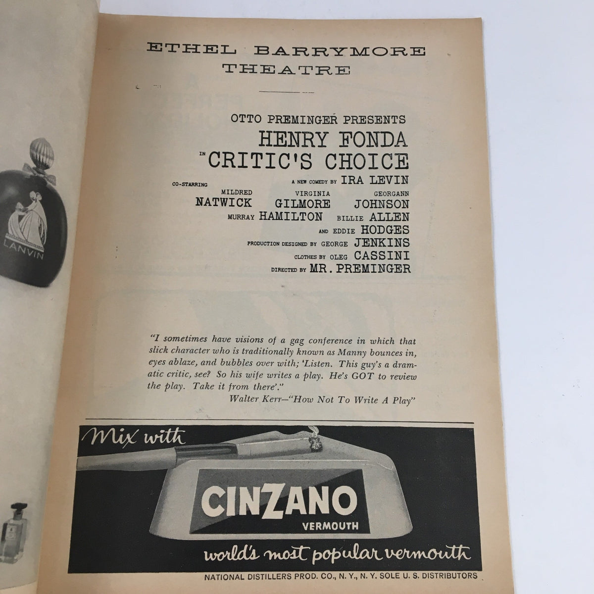Inside page of the 1960 Playbill for Critic's Choice, listing cast and crew details, emphasizing its historical significance in theater.