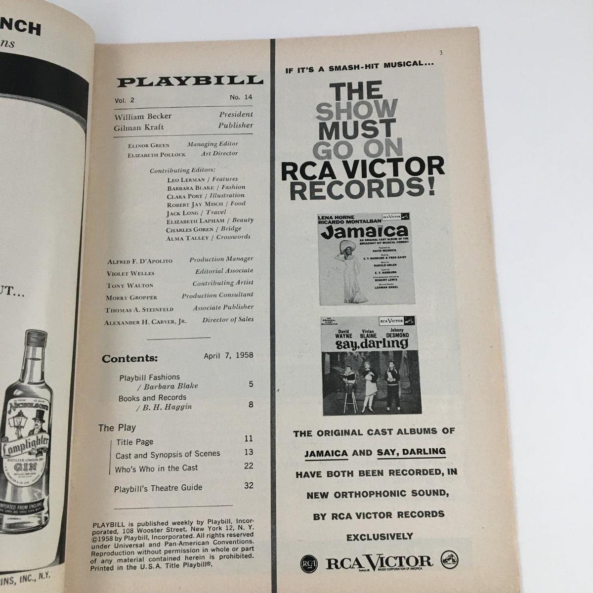 Interior page of the 1958 Playbill for Two For The Seesaw, highlighting details of the production and advertisements.